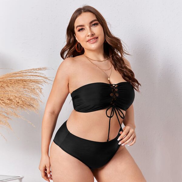 

Plus Lace-up Front Bandeau Bikini Swimsuit, Black