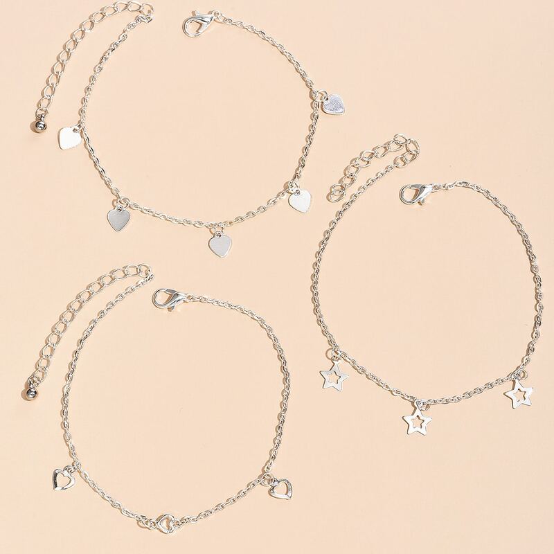 

Heart & Star Charm Chain Anklet Set - 3pcs, Silver