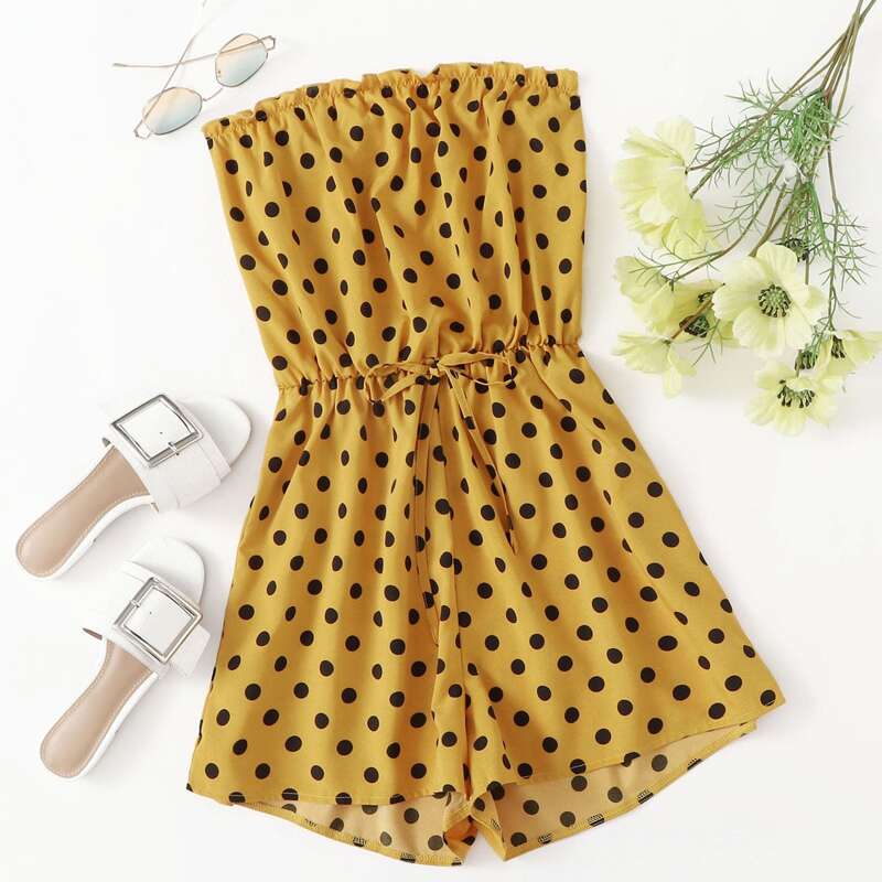 

Polka Dot Drawstring Tube Romper, Yellow