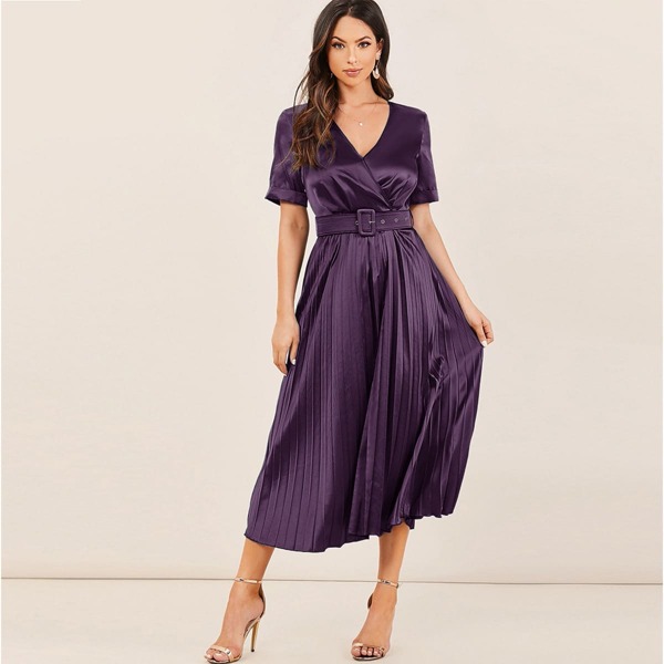 

Surplice Neck Rolled Cuff Buckle Belted Pleated Satin Dress, Purple