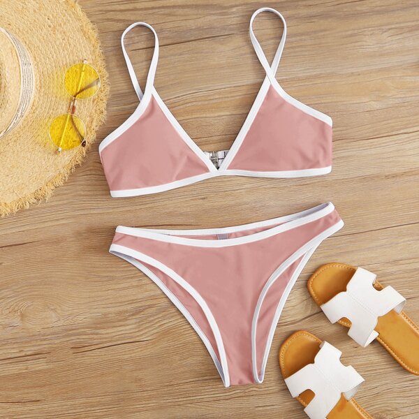 

Contrast Binding Bikini Swimsuit, Pastel baby pink