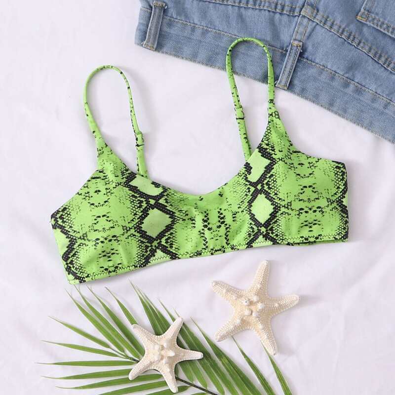 

Adjustable Strap Snakeskin Bikini Top, Green