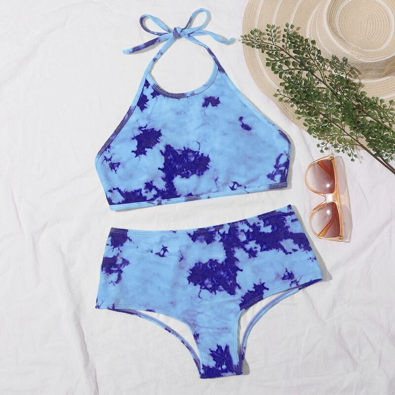 

Tie Dye Halter High Waist Bikini Swimsuit, Blue