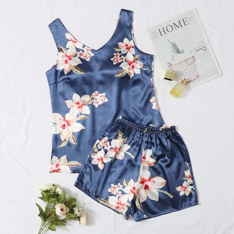 

Satin Floral Shorts PJ Set, Navy blue