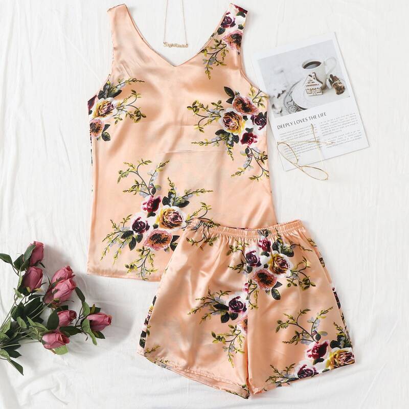 

Satin Floral Shorts PJ Set, Apricot