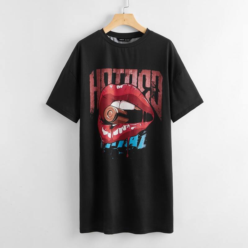 

Drop Shoulder Letter and Mouth Print Dress, Black