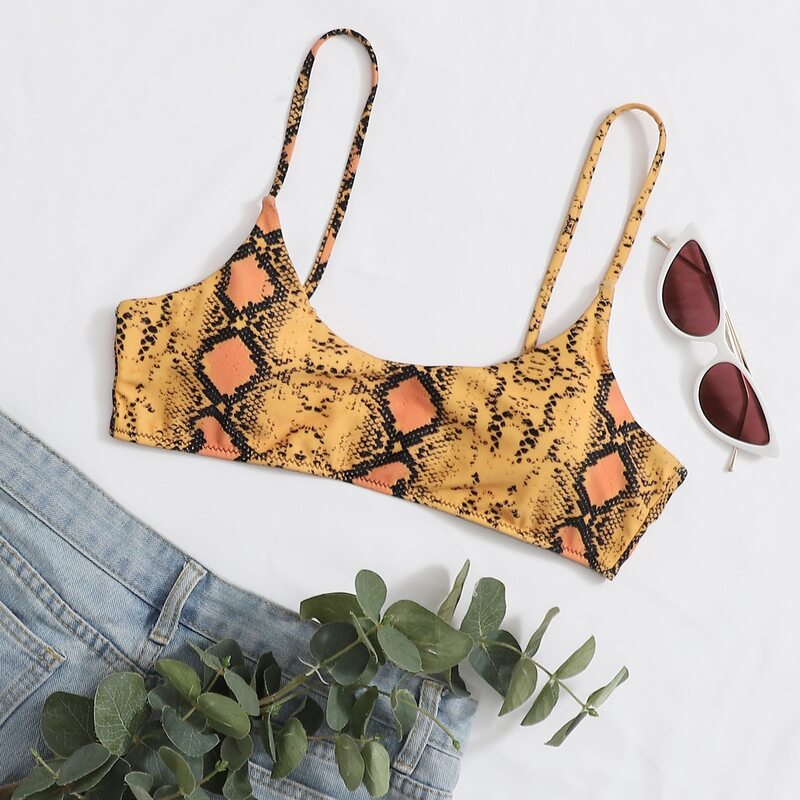 

Adjustable Strap Snakeskin Bikini Top, Mustard yellow