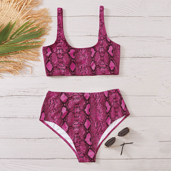 

Plus Snakeskin Print High Waisted Bikini Swimsuit, Hot pink