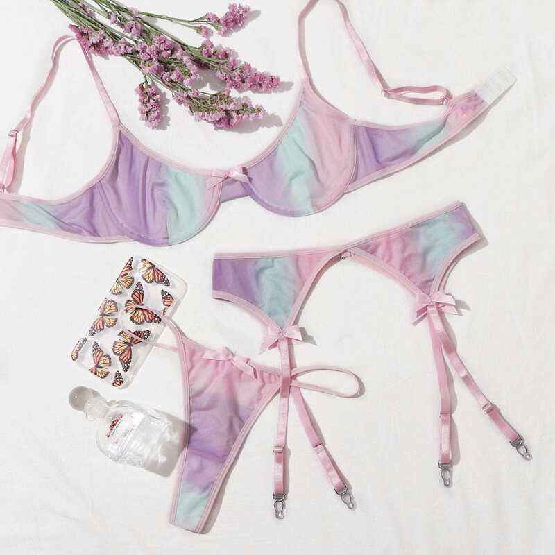 

Tie Dye Mesh Garter Underwire Lingerie Set, Multicolor