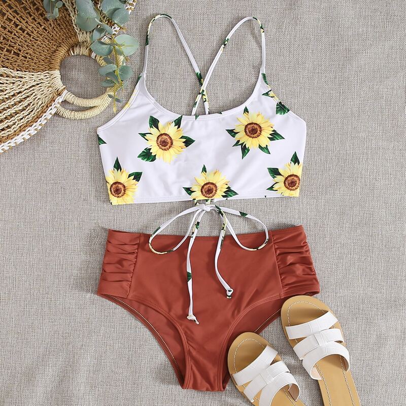 

Sunflower Ruched High Waist Bikini Swimsuit, Multicolor