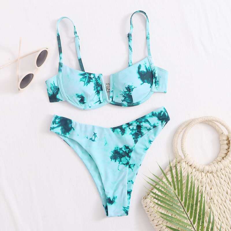 

Tie Dye Underwire High Leg Bikini Swimsuit, Mint blue