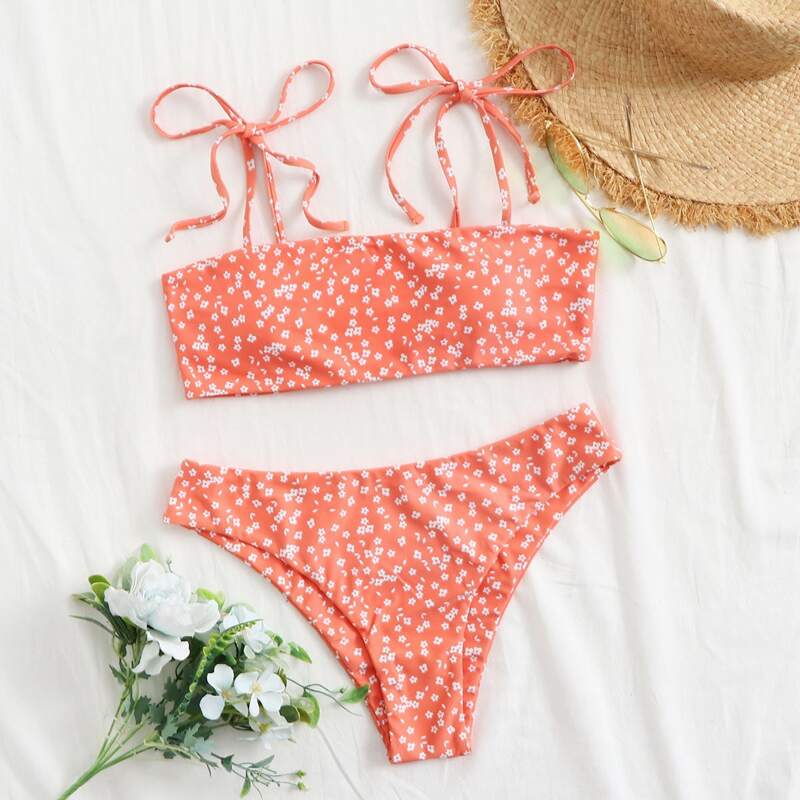 

Ditsy Floral Tie Strap Bikini Swimsuit, Coral pink