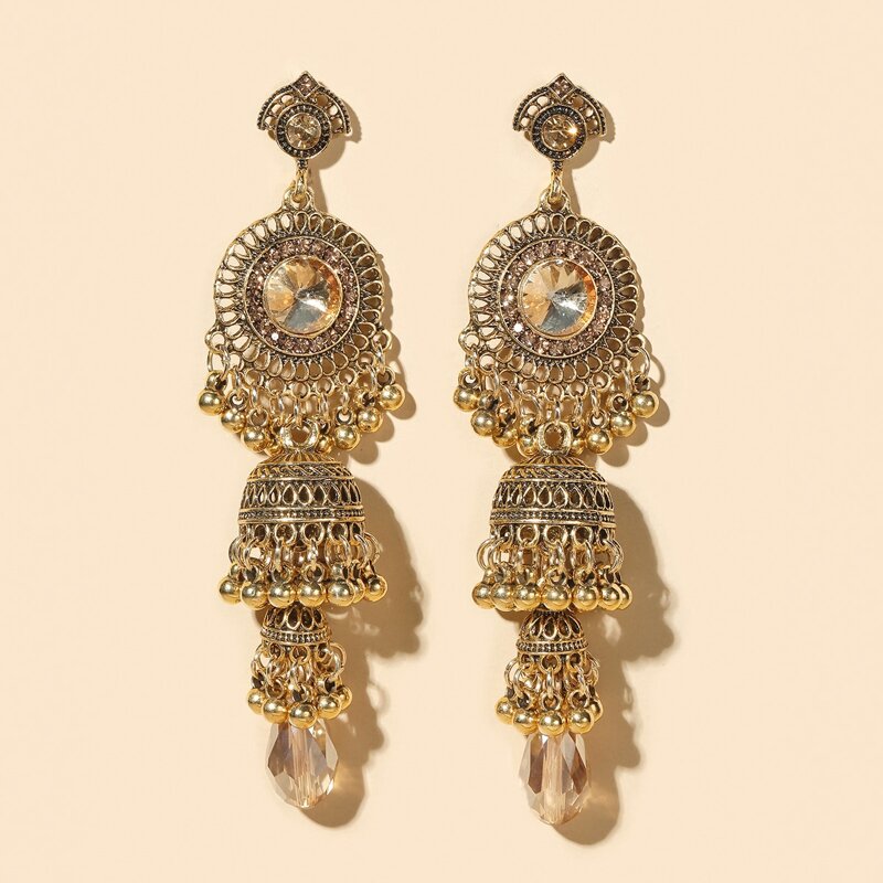 

Bell Round Ball Tassel Drop Jhumka Earrings, Gold