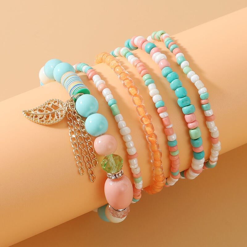 

6pcs Leaf Charm Beaded Bracelet, Multicolor