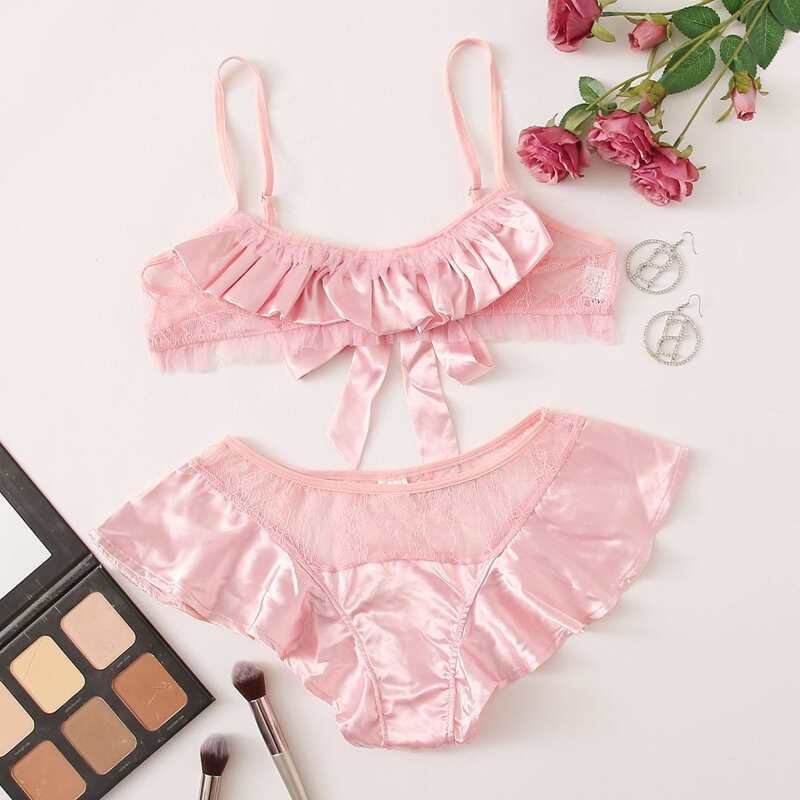 

Floral Lace Ruffle Trim Lingerie Set, Baby pink