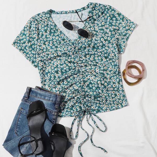

Ditsy Floral Drawstring Front Tee, Cadet blue