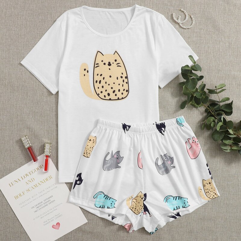 

Cat Print Shorts PJ Set, Multicolor