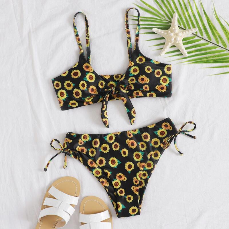 

Sunflower Knot Drawstring Side Bikini Swimsuit, Multicolor