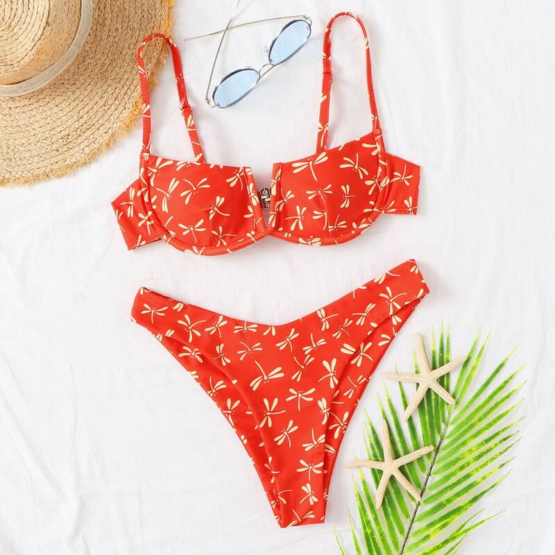 

Dragonfly Graphic Underwire High Leg Bikini Swimsuit, Orange bright