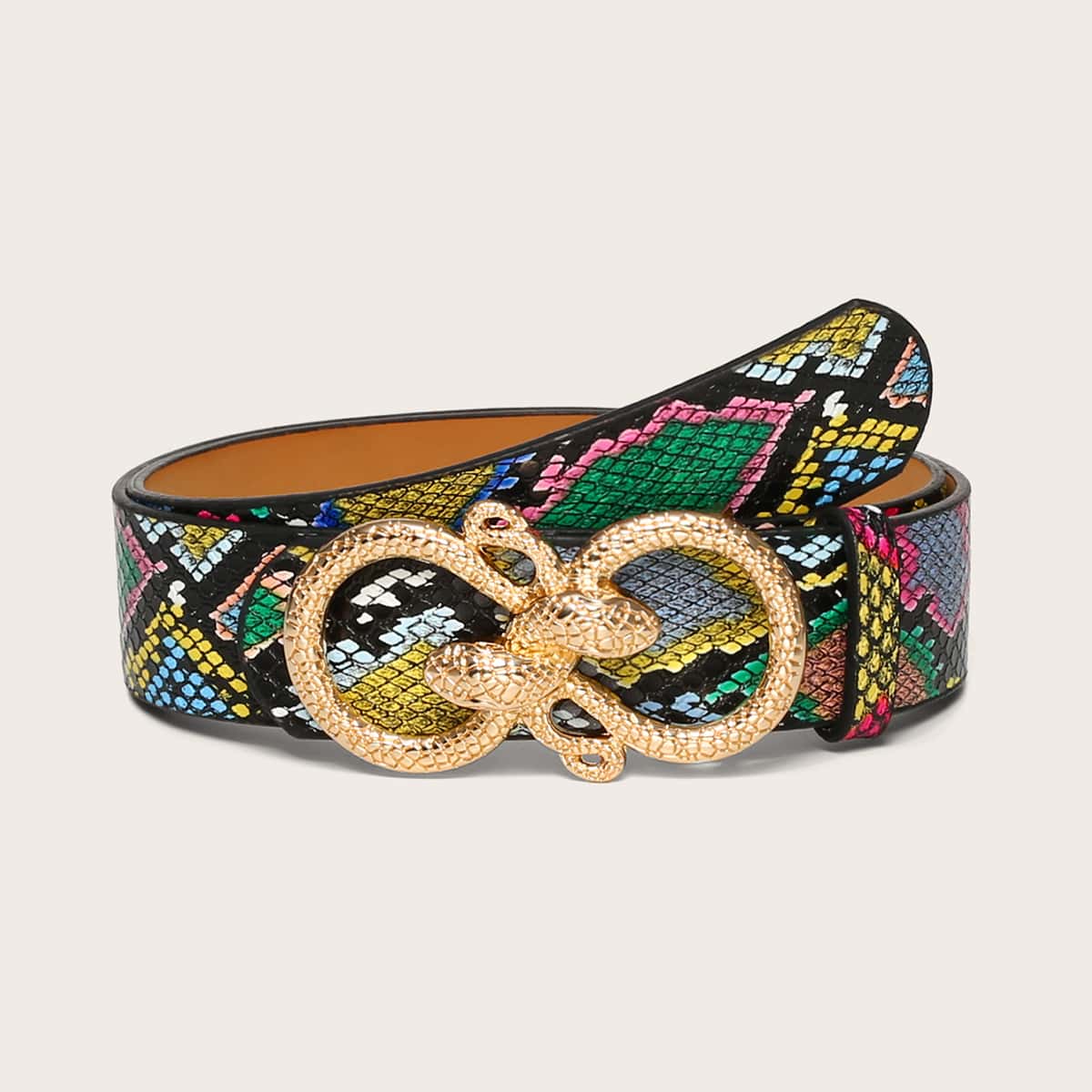 

Snakeskin Pattern Serpentine Buckle Belt, Multicolor