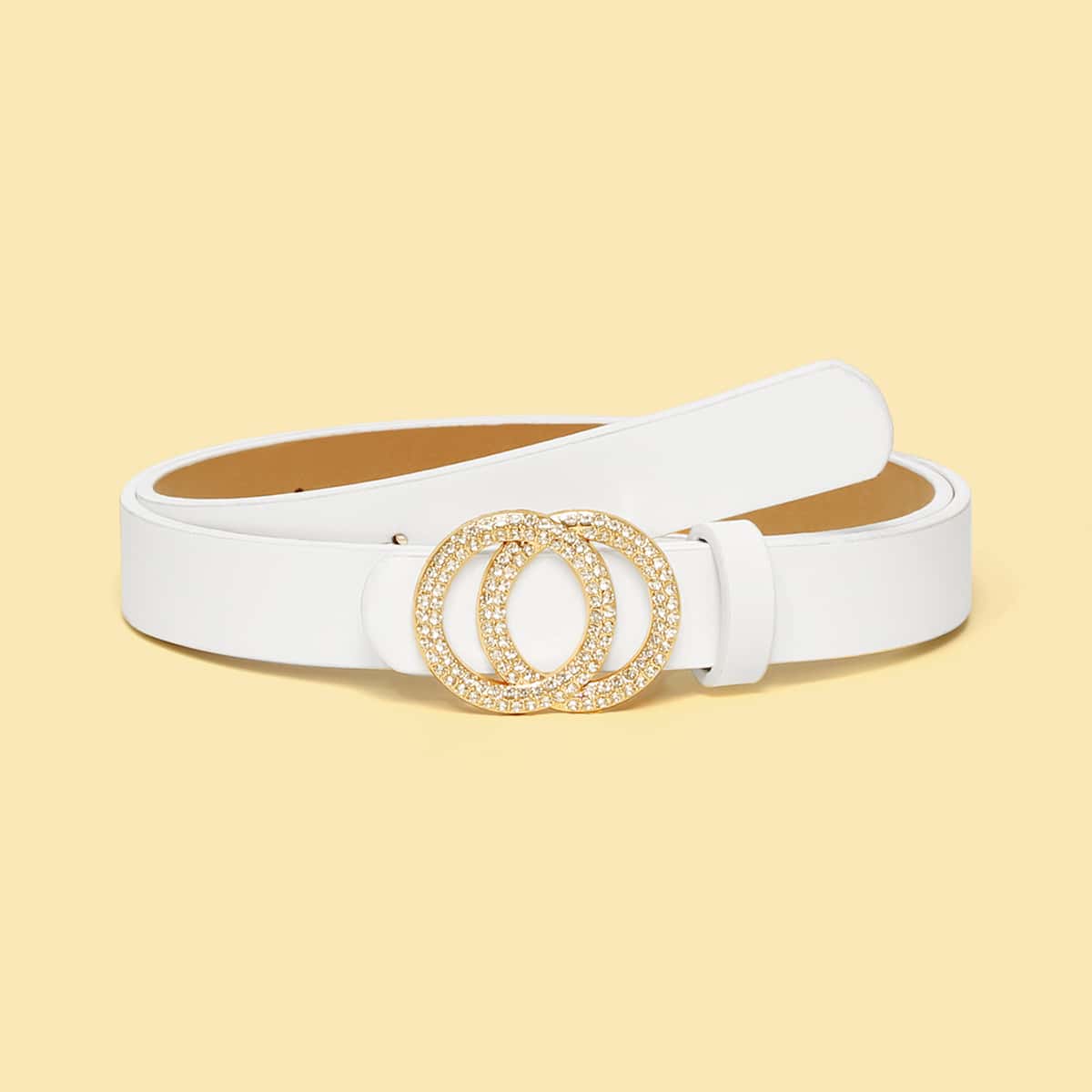 

Rhinestone Decor Double O-ring Buckle Belt, White