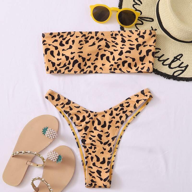 

Allover Print Ribbed Bandeau Thigh Bikini Swimsuit, Multicolor