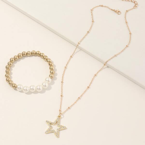 

2pcs Girls Faux Pearl Star Decor Jewelry Set, Gold