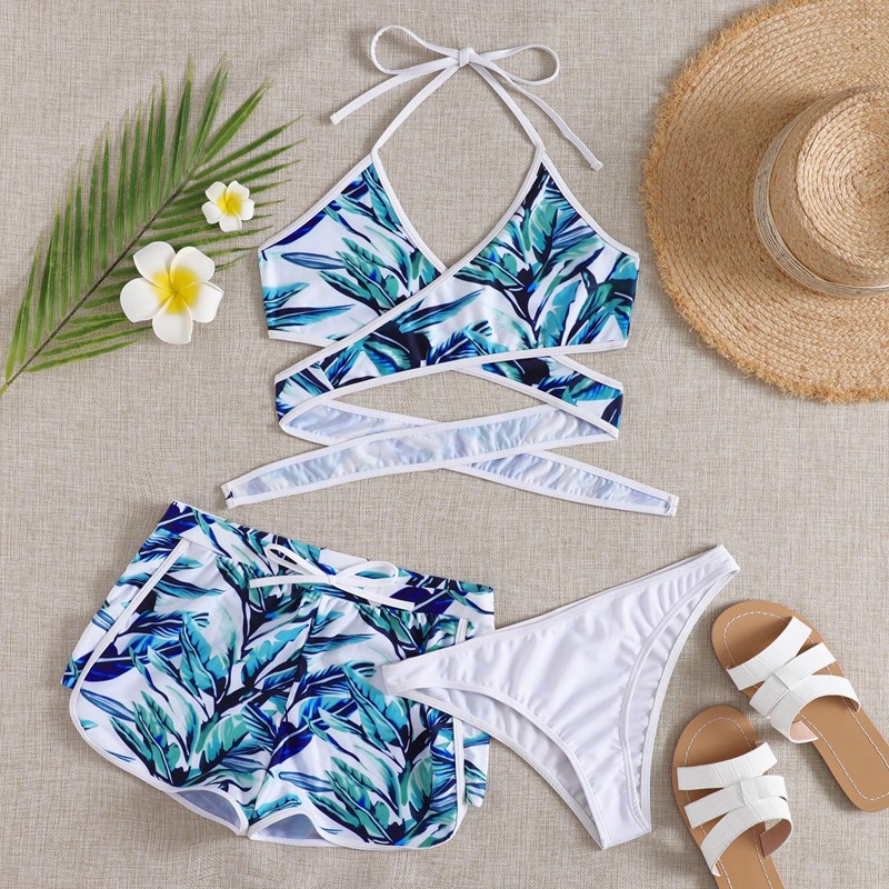 

3pack Tropical Warp Halter Bikini Swimsuit With Shorts, Blue and white