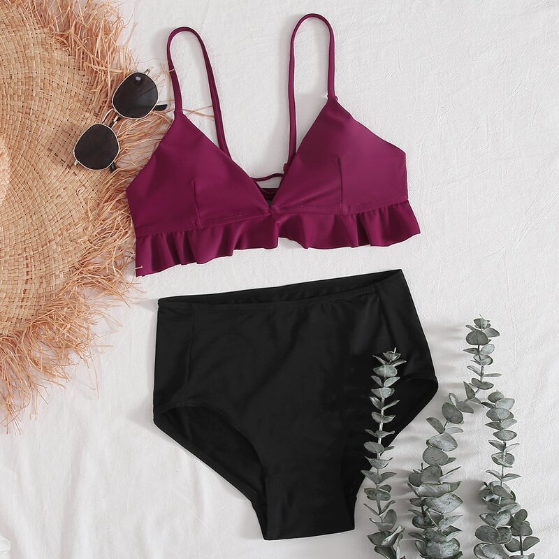 

Lace-up Back Ruffle High Waist Bikini Swimsuit, Multicolor