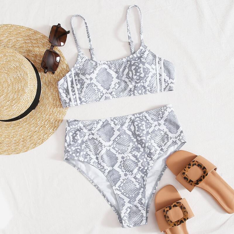 

Snakeskin High Waist Bikini Swimsuit, Light grey