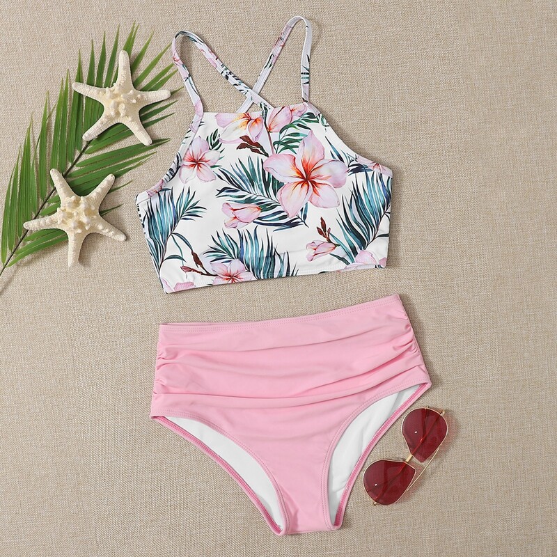 

Tropical Ruched High Waist Bikini Swimsuit, Multicolor
