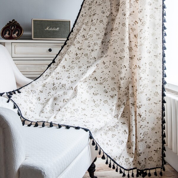 

1pc Floral Pattern Tassel Trim Curtain, Multicolor