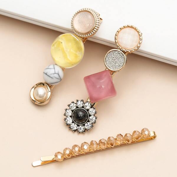 

3шт зажим для волос с декором хрусталя, Золотистый