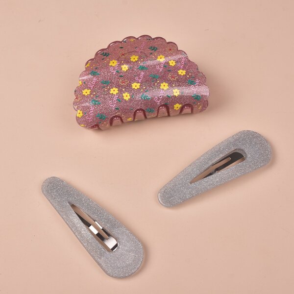 

Flower Pattern Hair Claw & 2pcs Hair Clip, Multicolor