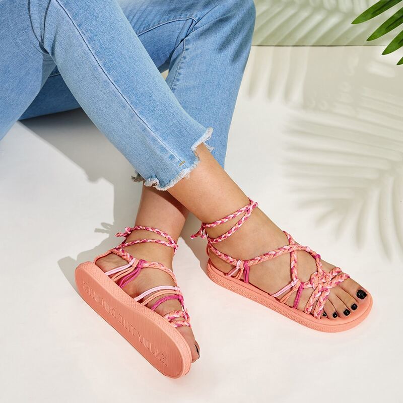

Braided Tie Leg Sandals, Pink