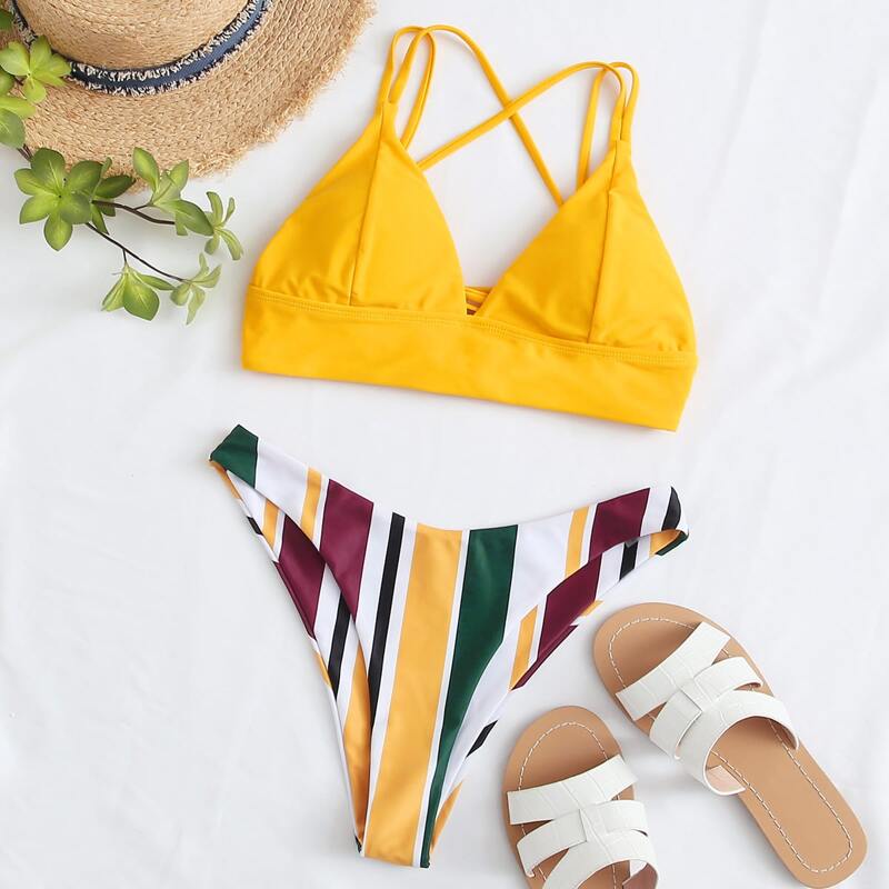 

Stripe Lace-up Back High Leg Bikini Swimsuit, Multicolor