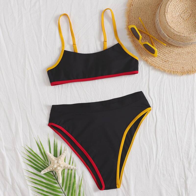 

Contrast Binding High Waist Bikini Swimsuit, Black