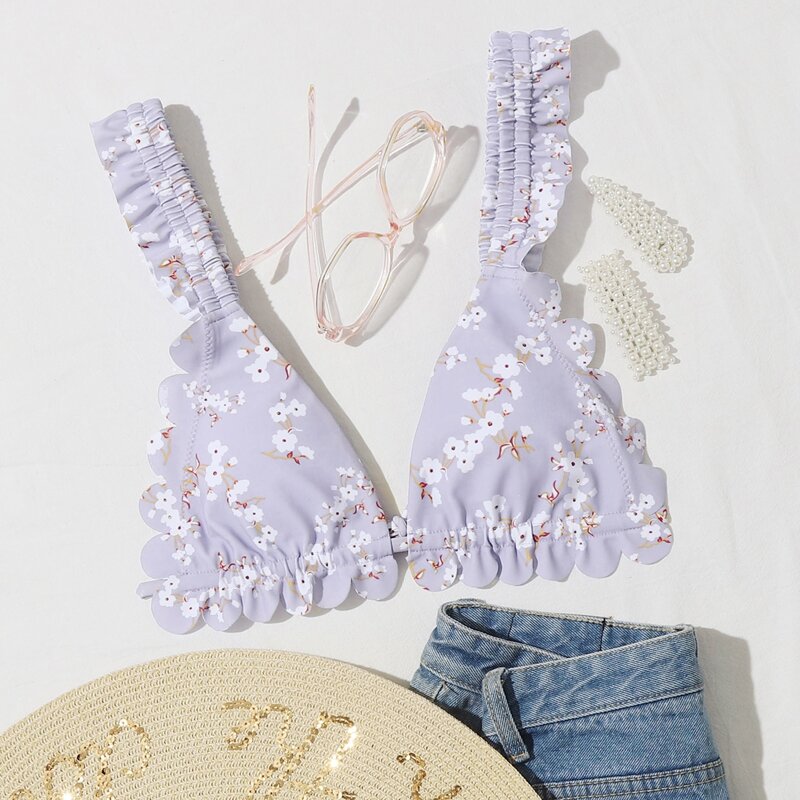 

Floral Scallop Triangle Bikini Top, Pastel lilac purple