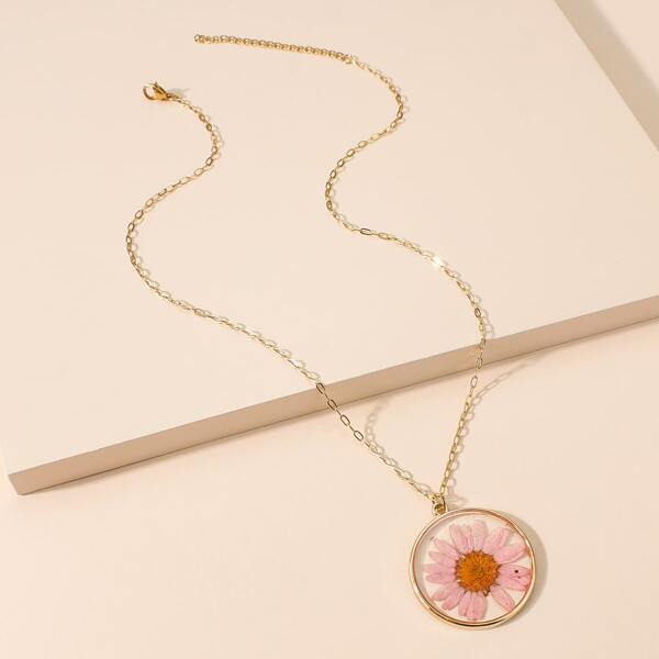 

Girls Flower Round Charm Necklace, Gold