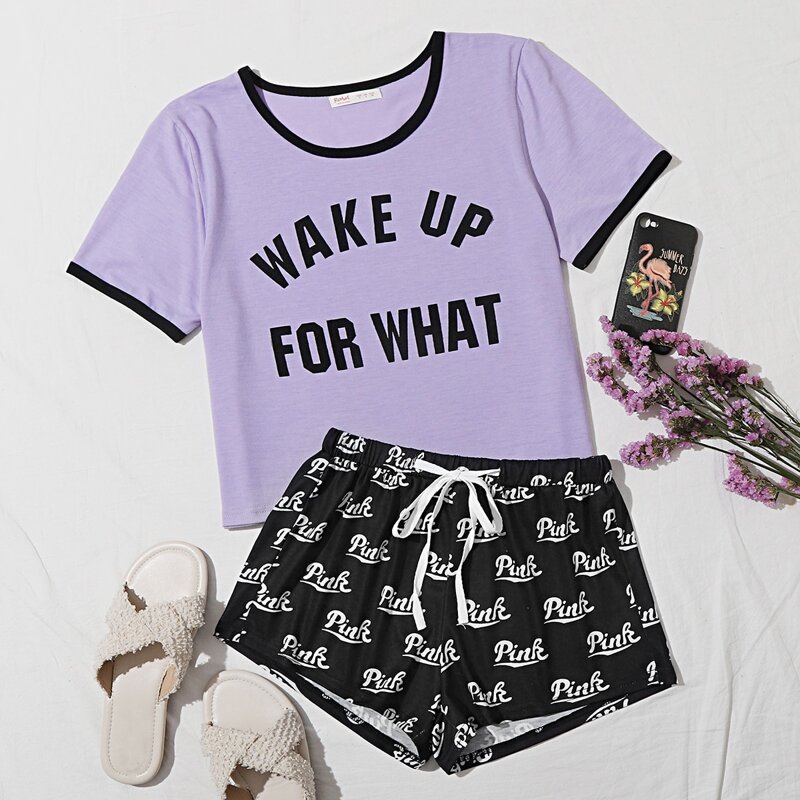 

Letter Print Shorts PJ Set, Multicolor