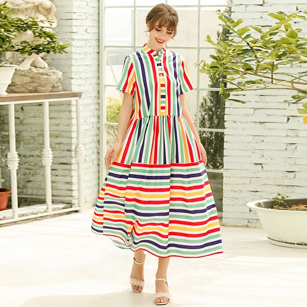 

Stand Collar Striped Button Front Smock Dress, Multicolor