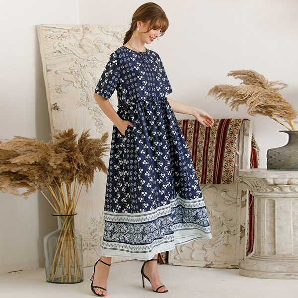 

Tribal Floral Longline Babydoll Dress, Navy blue
