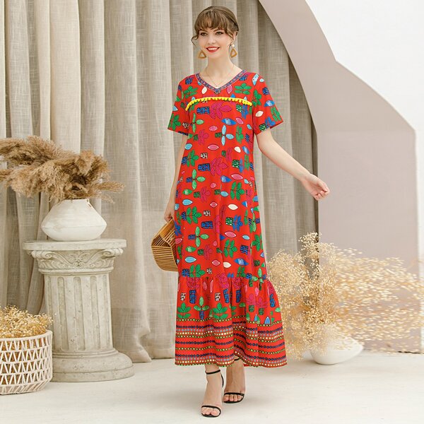 

V-neck Pom Pom Trim Plants Print Dress, Multicolor