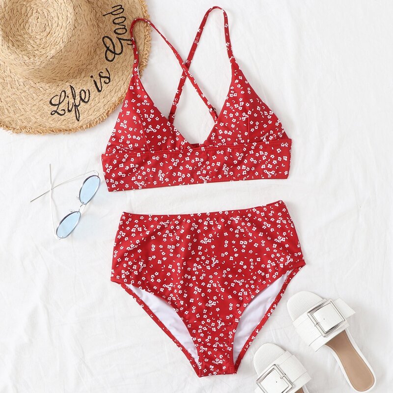 

Ditsy Floral Crisscross High Waisted Bikini Swimsuit, Red
