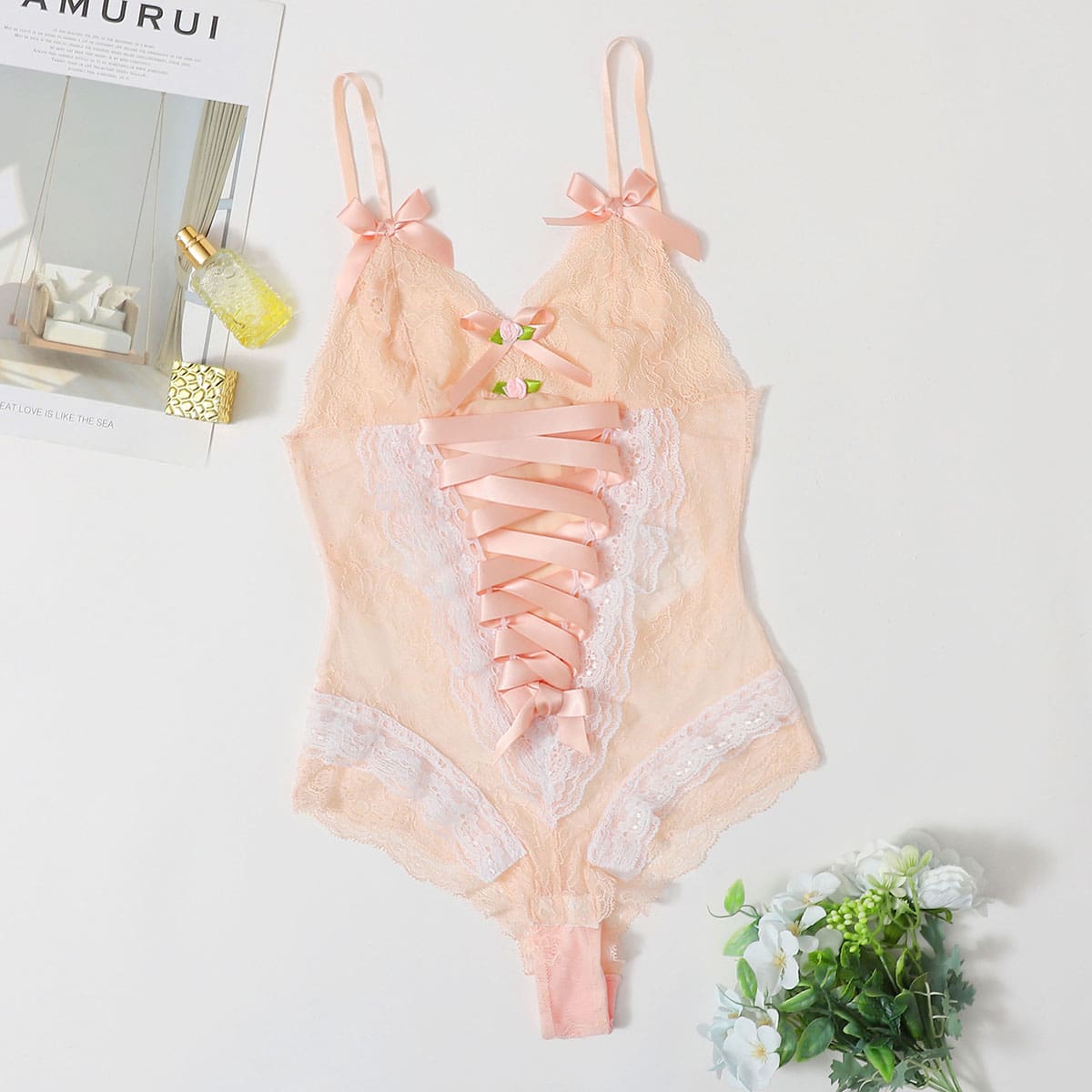 

Contrast Lace Criss Cross Teddy Bodysuit, Baby pink