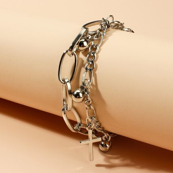 

Men Cross Charm Layered Bracelet, Silver