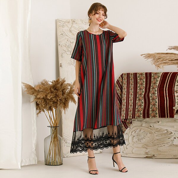 

Colorful Striped Contrast Lace Hem Dress, Multicolor