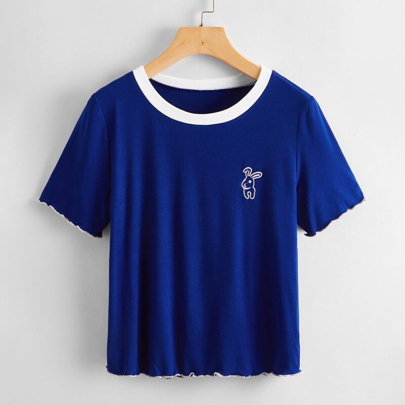 

Cartoon Embroidery Ringer Tee, Royal blue