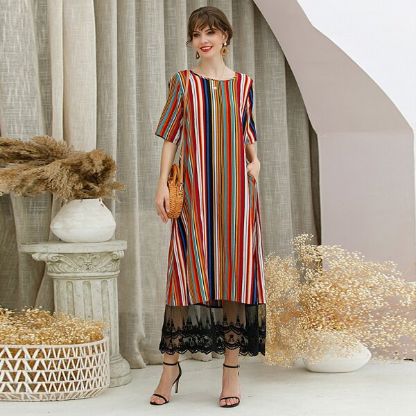 

Colorful Striped Contrast Lace Hem Dress, Multicolor