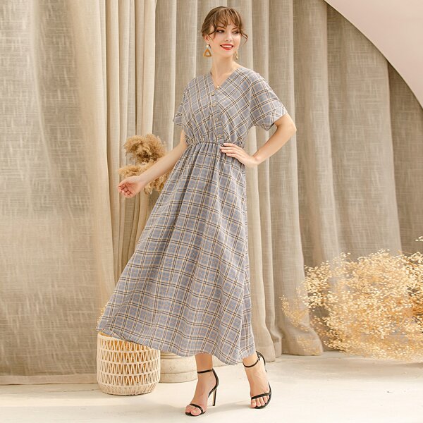 

Plaid Button Detail Batwing Sleeve Dress Without Belt, Multicolor